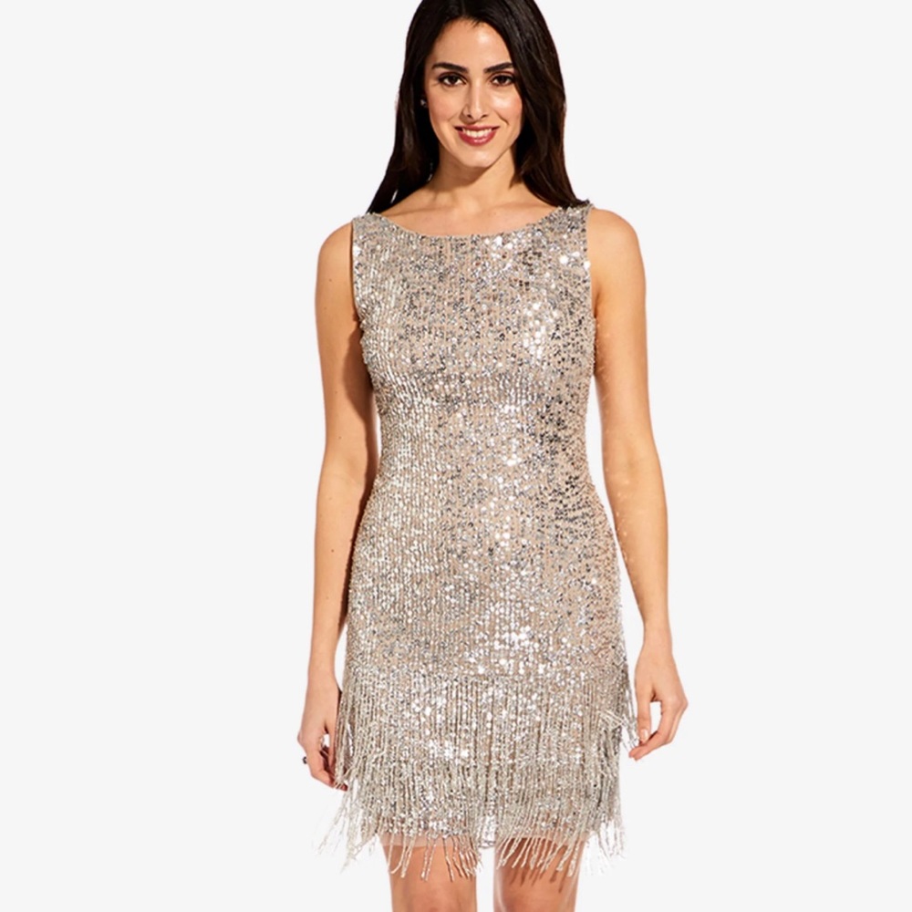 Petite Sleeveless Beaded Cocktail Dress In Silver